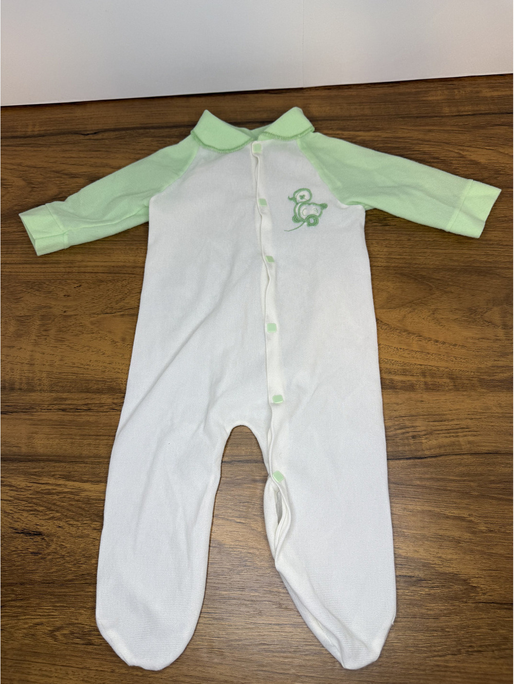 Vintage Baby Onesie with Green Sleeves and Duck Embroidery